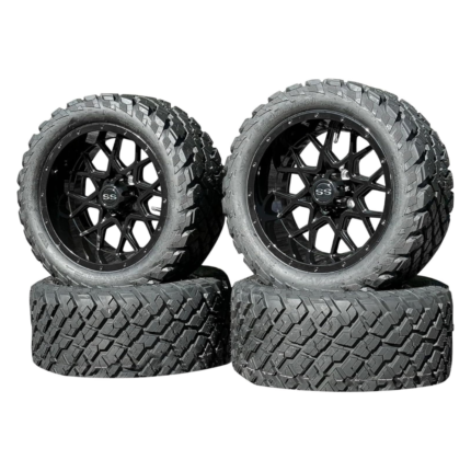 14 Inch Glossy Black Fusion Golf Cart Wheels & Tires Set of 4